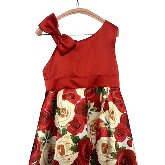 NSSMWTTC Satin Dress Floral Pattern Back Zip Closure Bow Accent Red Girl's AU7 - Picture 2 of 6
